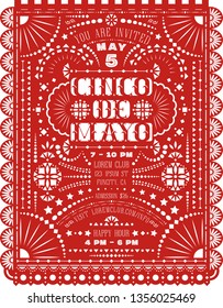 Cinco De Mayo celebration announce poster with paper flag cut design. Customized Western style text for invitation for fiesta party. Papel picado banner with Mexican lacy motives. Ornate background.