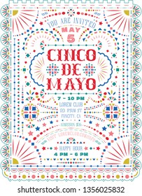 Cinco De Mayo celebration announce poster template. Customized Western style text for invitation for fiesta party. Mexican lacy and embroidery motives for ornate background. Vector design.