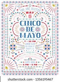 Cinco De Mayo celebration announce poster template with Mexican national decorative elements. Western style text for invitation. Mexico folk lace and embroidery motives for ornate background. Vector.