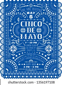 Cinco De Mayo celebration announce poster design with paper flag cut. Papel picado banner with Mexican lacy motives. Ornate background. Vector template.