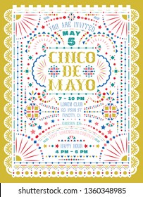 Cinco De Mayo celebration announce poster design with paper flag cut elements. Western style text for invitation for fiesta party. Mexican lace and embroidery motives for ornate background. Vector.