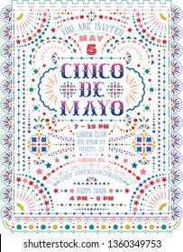 Cinco De Mayo celebration announce poster design. Customized Western style text for invitation for fiesta party. Mexican lacy and embroidery motives for ornate background. Vector template.