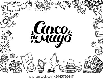 Cinco de mayo celebration background. Lettering and frame doodle culture elements. Mexican food, festive icons. Taco avocado chili, tequila, sombrero, scull, lime, maracas. Outline Vector illustration