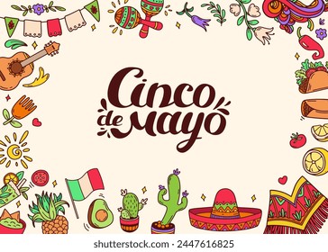 Fondo de celebración del Cinco de Mayo. marco Horizontal con Elementos de la cultura mexicana. Comida mexicana, iconos festivos. Taco aguacate chile, tequila, sombrero, scull, maracas. Ilustración de garabato de Vector.