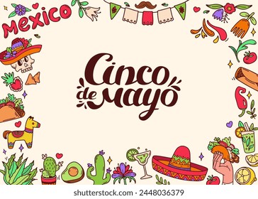 Cinco de mayo celebration background. Horizontal frame with Mexican culture elements. Mexican food, festive icons. Taco avocado chili, tequila, sombrero, scull, maracas. Vector doodle illustration.