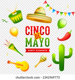 Cinco De Mayo celebration banner or poster design on png background with music instrument, sombrero hat and red chilli. mexican fiesta party.