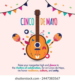 Cinco de Mayo. Cinco De Mayo Banner mit bunter mexikanischer Gitarre, Maracas, Hängeschmücken. Es wird zum Sieg in einer kleinen Schlacht zwischen französischen und mexikanischen Truppen in Puebla gefeiert.