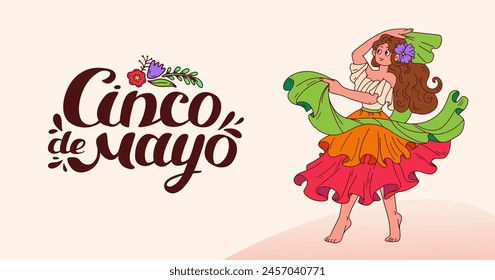 Cinco de mayo celebration banner. Horizontal background with dancing Mexican woman. Hand Lettering. Flamenco musical performance. Mexico Dancer at Cinco De Mayo festival. Vector doodle illustration.