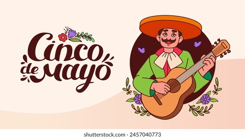 In: Cinco de Mayo Celebration Banner. Horizontaler Hintergrund mit mexikanischen Gitarrenspielen. Mexikanische Charaktere traditionelle glückliche Personen Musiker in Sombrero. Handschrift. Vektorgrafik Doodle Illustration.