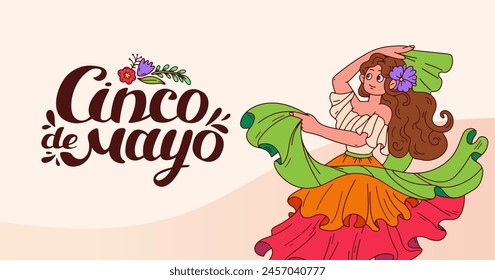 Cinco de mayo celebration banner. Horizontal background with dancing Mexican woman. Hand Lettering. Flamenco musical performance. Mexico Dancer at Cinco De Mayo festival. Vector doodle illustration.