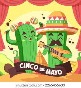 Cinco de mayo celebration with cactus character playing guitar and maracas