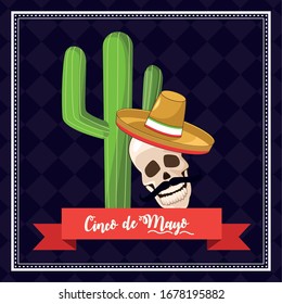 cinco de mayo celebration card with mariachi skull and cactu vector illustration design