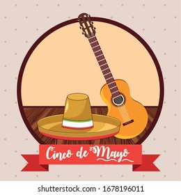 cinco de mayo celebration card with mexican hat and guitar vector illustration design