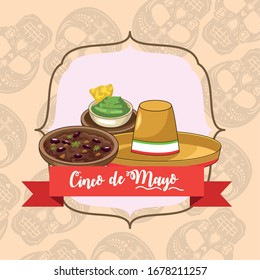 cinco de mayo celebration card with mexican hat and food vector illustration design