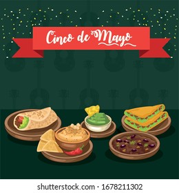 cinco de mayo celebration card with mexican food vector illustration design