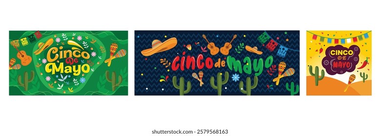 Cinco de Mayo celebration with colorful Mexican decorations. Guitar, maracas, sombrero, red peppers and cactus decorated with strings of flags. Cinco de Mayo concept. Set flat vector illustration.