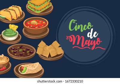cinco de mayo celebration with delicious food and lettering vector illustration design