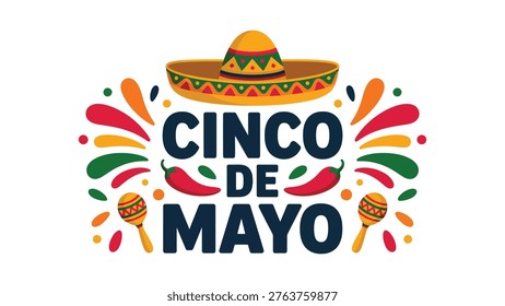 Cinco de Mayo celebration design with sombrero, maracas and chili illustration symbolizing Mexican culture, festive holiday, music, tradition and colorful fiesta concept