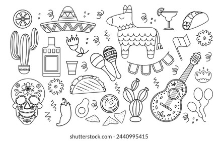 Cinco de Mayo Feier Doodle Set. Traditionelle mexikanische Dekoration. Handgezeichnete Illustration isoliert auf weißem Hintergrund.