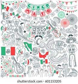Cinco de Mayo celebration doodle set  Traditional mexican party decoration  Hand drawn vector illustration isolated white background 