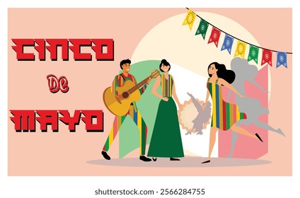 Cinco de Mayo celebration featuring a musician and dancers in traditional attire, set against colorful banners in a festive atmosphere. Flat vector modern illustration 