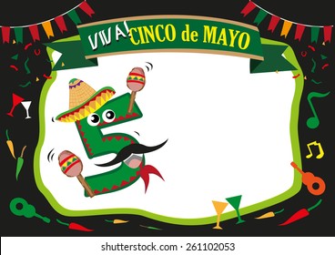 Cinco de Mayo celebration frame design and Number 5 as a Pinata Mascot cartoon character wearing a Mexican costume for the street festival. Editable EPS10 Vector Illustration and jpg.