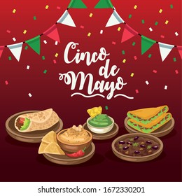 cinco de mayo celebration with garlands and food vector illustration design