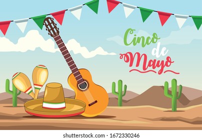 cinco de mayo celebration with guitar and hat desert scene vector illustration design