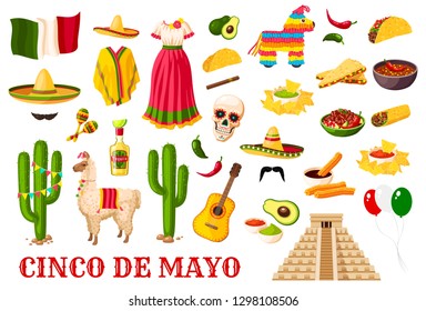 Cinco de Mayo celebration icons, Mexican holiday fiesta traditional symbols. Vector Mexico flag balloons, sombrero and poncho with Mexican cactus tequila, guitar and avocado, burrito and churros