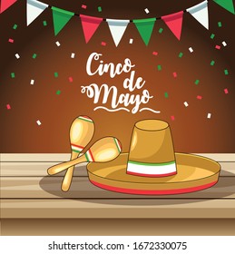 cinco de mayo celebration with mariachi hat and maracas vector illustration design