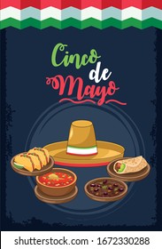 cinco de mayo celebration with mariachi hat and food vector illustration design