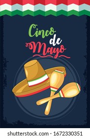 cinco de mayo celebration with mariachi hat and maracas vector illustration design