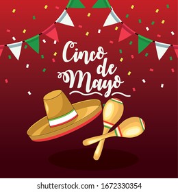 cinco de mayo celebration with mariachi hat and maracas vector illustration design