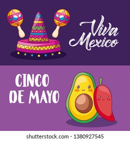 cinco de mayo celebration with mexican hat and set icons