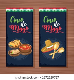 cinco de mayo celebration with mexican food and hat vector illustration design