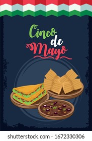 cinco de mayo celebration with mexican flag and food vector illustration design