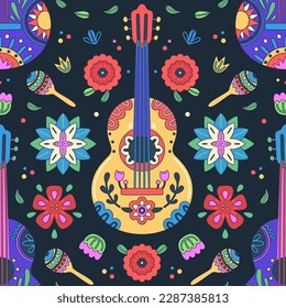 Celebración del Cinco de Mayo. Fiesta mexicana. Patrón vectorial colorido sin costura con flores, maracas, guitarras en un fondo oscuro. Diseño de fiesta brillante para papel de envoltura textil, cubierta, papel tapiz