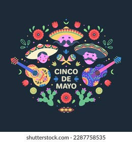 Cinco de Mayo celebration. Mexican holiday. Colorful vector illustration with mariachi singers, guitars and maracas, flowers and cacti on dark background. Design for greeting card, t-short, poster