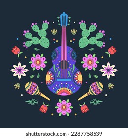 Cinco de Mayo celebration. Mexican holiday. Colorful vector illustration with decorated guitars and maracas in flowers and cacti on black background. Fiesta design for greeting card, t-short, poster