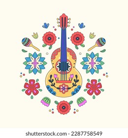 Cinco de Mayo celebration. Mexican holiday. Colorful vector illustration with decorated guitars and maracas in flowers and leaves on light background. Fiesta design for greeting card, t-short, poster