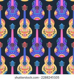 Celebración del Cinco de Mayo. Fiesta mexicana. Un colorido vectorial sin fisuras con guitarras decoradas en un fondo oscuro. Diseño de fiesta brillante para textiles, papel de envoltura, cubierta, papel tapiz