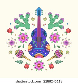Cinco de Mayo celebration. Mexican holiday. Colorful vector illustration with decorated guitars and maracas in flowers and cacti on light background. Fiesta design for greeting card, t-short, poster