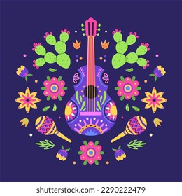 Cinco de Mayo celebration. Mexican holiday. Colorful vector illustration with decorated guitars and maracas in flowers and cacti on purple background. Fiesta design for greeting card, t-short, poster