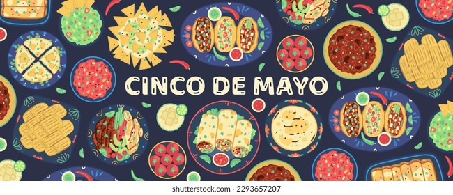 Cinco de Mayo celebration. Mexican holiday. Background with traditional mexican food. Tacos, tortilla, quesadilla, fajitas, nachos, burrito, guacamole, salsa, margarita. Fiesta banner, poster, header