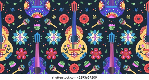 Cinco de Mayo celebration. Mexican holiday. Colorful design of flowers, cactuses, maracas, guitars on a dark background. Fiesta banner, poster, header. Vector illustration