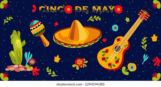 Cinco de Mayo celebration. Mexican federal holiday celebrated on May 5. Fiesta banner with decorations for Cinco de Mayo. Mexican heritage, culture Traditional Mexican fiesta vector illustrations. Fes