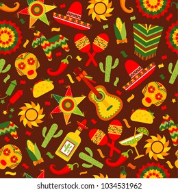 Cinco de Mayo celebration in Mexico, seamless pattern ond brown with, food, sambrero, tequila, cactus.