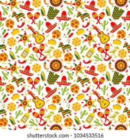 Cinco de Mayo celebration in Mexico, seamless pattern ond white, food, sambrero, tequila, cactus.Vector illustration.