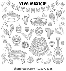 Cinco de Mayo celebration in Mexico. Cartoon doodle collection objects for Cinco de Mayo parade with pinata, maracas, sambrero, tequila, tacos, cactus, skull, flag