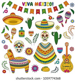 Cinco de Mayo celebration in Mexico. Cartoon doodle collection objects for Cinco de Mayo parade with pinata, maracas, sambrero, tequila, tacos, cactus, skull, flag